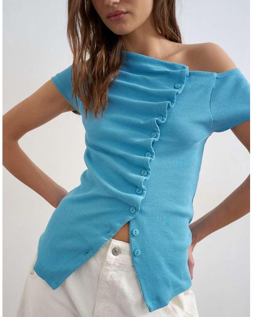 TOPSHOP Blue Bardot Button Through Top