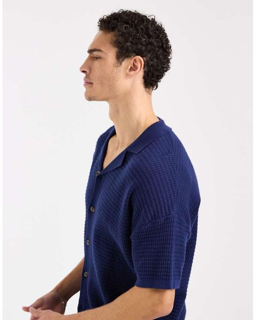 ASOS Blue Relaxed Knitted Co-ord Revere Polo Shirt for men