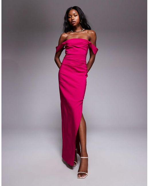 Vesper Pink Bengaline Off Shoulder Ruched Waist Detail Side Split Maxi Dress