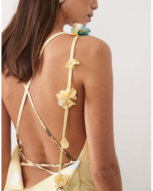 Wanderdoll Blue Exclusive Aria Satin Cowl Neck Drape Flower Detail Cross Back Maxi Dress