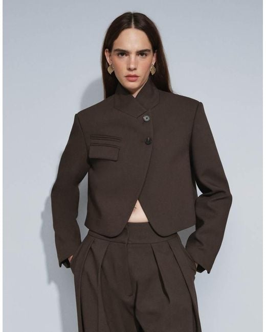 ASOS Black Tailored Wool Look Boxy Crop High Neck Blazer