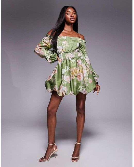 Vestito Corto Con Fondo A Palloncino, Scollo Alla Bardot E Maniche A Campana Color Pistacchio A Fiori di ASOS in Green
