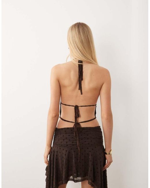 ASOS Brown Co-ord Flocked Polka Dot Blouson Halter Neck Top