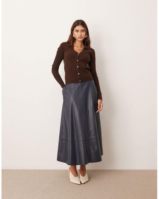 ARRANGE Brown Pure Merino Rib Knit Collared Button Through Top