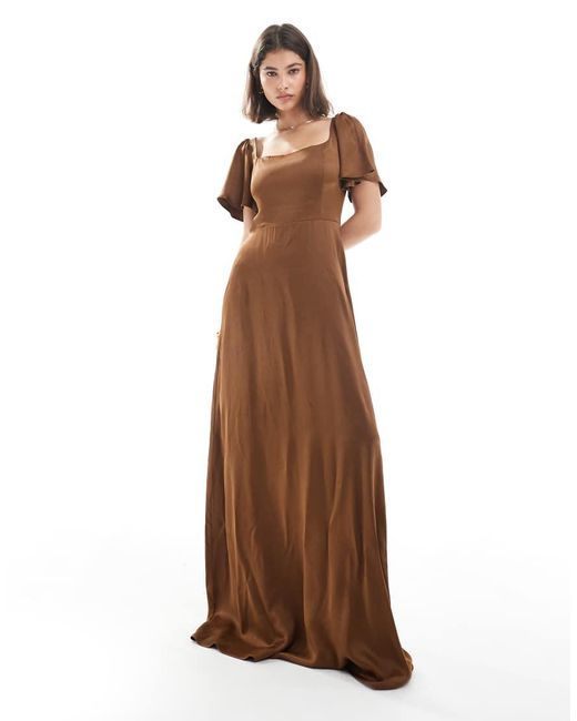 Maids To Measure Brown Bridesmaid Square Neck Flutter Sleeve Maxi Dress