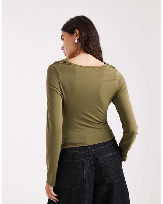Top De Manga Larga Con Cuello Desbocado Y Detalle Retorcido De (Parte De Un Conjunto)-Verde ASOS de color Green