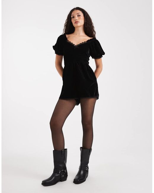 Miss Selfridge Black Velvet Puff Sleeve Playsuit
