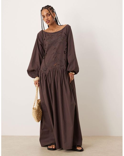 ASOS Ruched Neck Dropped Waist Maxi Dress With Floral Cutwork in Brown | Lyst ASOS Ruched Neck Dropped Waist Maxi Dress With Floral Cutwork in Brown | Lyst