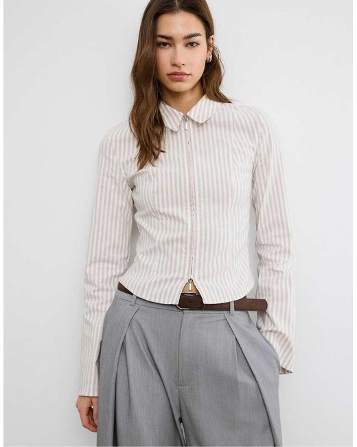 Stradivarius Gray Fitted Bengaline Shirt With Double Zip