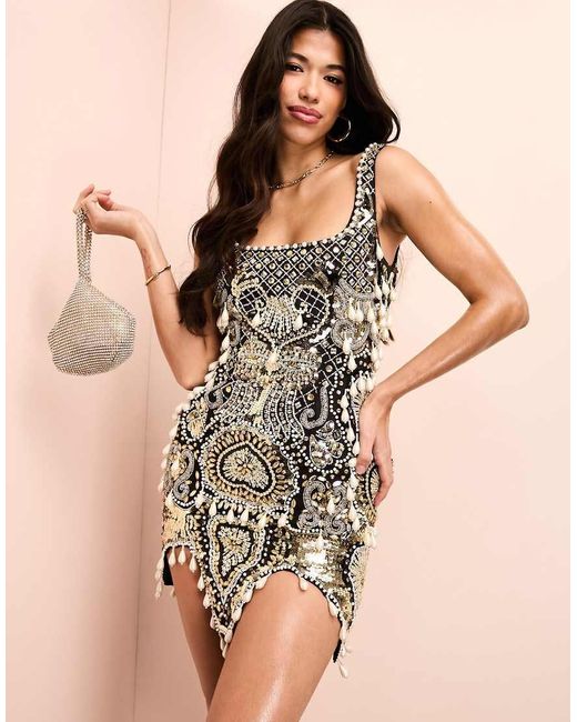 ASOS Natural Gem Embellished Encrusted Mini Dress With Pearl Embellishment & Scallop Hem