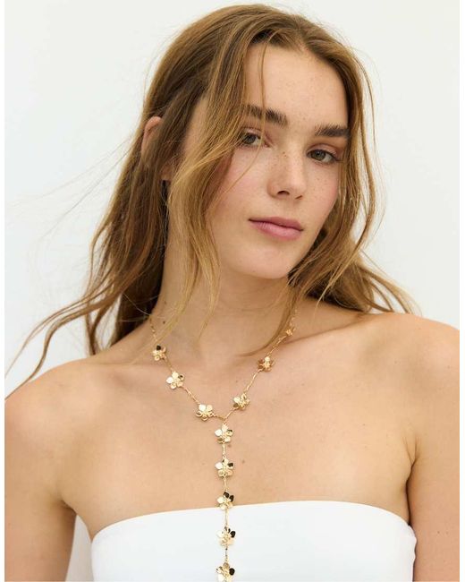 Stradivarius Natural Mini Flower Lariat Necklace