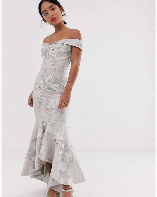 bardot fishtail maxi dress