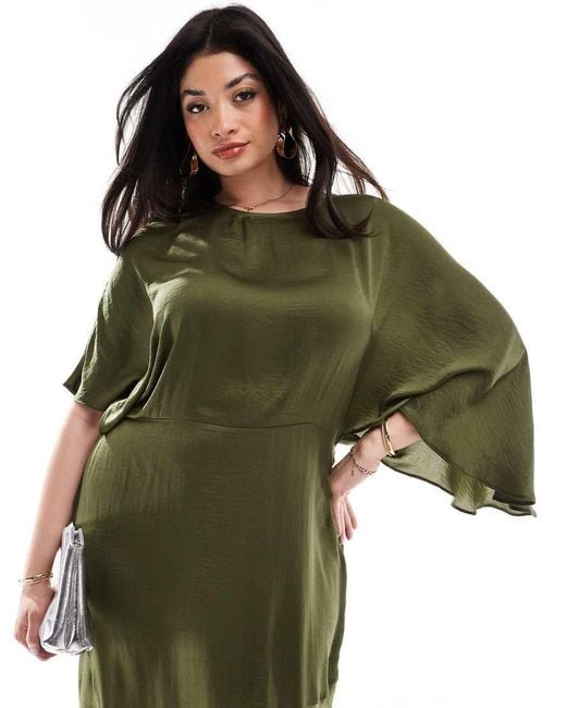 ASOS Green Asos Design Curve Satin Flutter Sleeve Asymmetric Hem Midi Dress