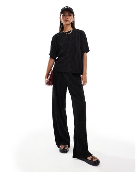 ONLY Black Boxy Plisse T-Shirt Co-Ord