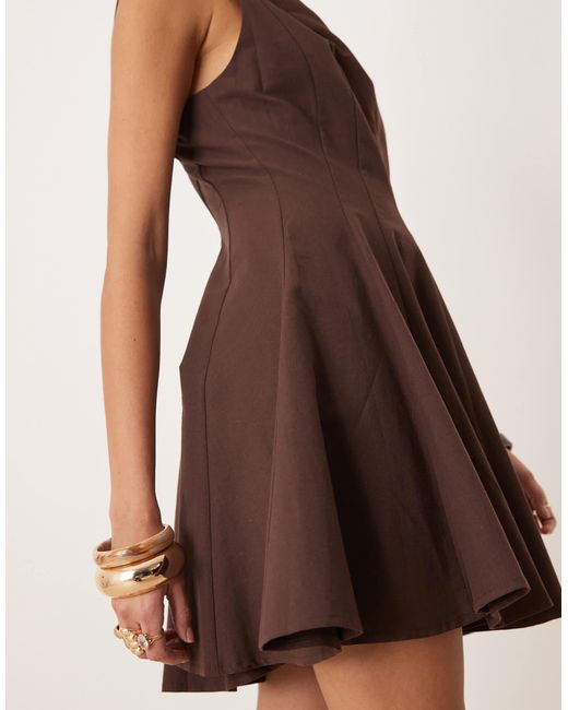 ASOS Natural Linen Blend Slash Neck Seamed Fit And Flare Mini Dress