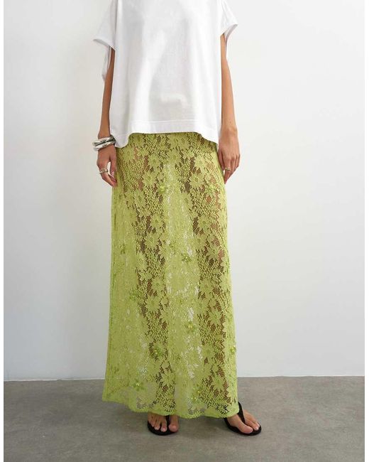 TOPSHOP Green Embellished Floral Lace Maxi Skirt