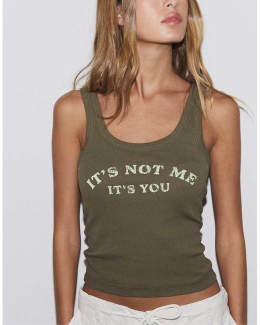 Stradivarius Green Slogan Racerback Top