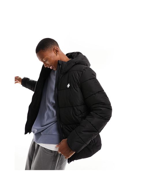 Superdry Black Hooded Sports Puffer Jacket for men