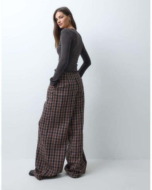 Noisy May Gray High Waist Wide Leg Check Trouser