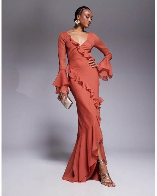 ASOS Red Asos Design Tall V Neck Long Sleeve Ruffle Maxi Dress With Cut Out Back