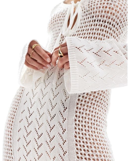 4th & Reckless Crochet Flared Sleeve Keyhole Detail Maxi Beach Dress in  White | Lyst
