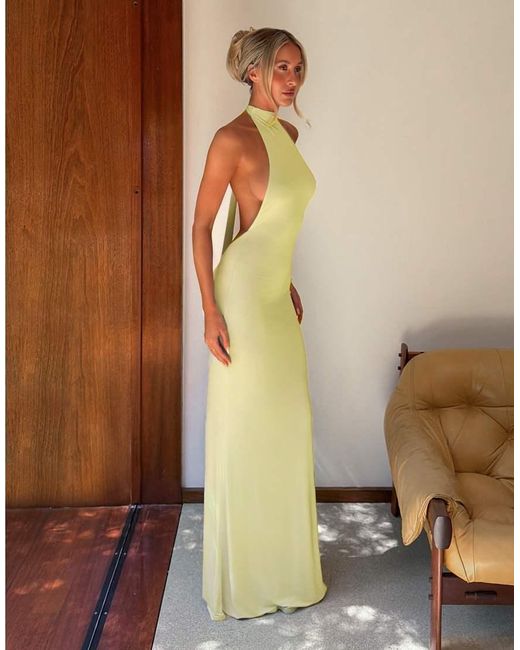 Tiger Mist Yellow X Em Venz Maddy High Racer Halterneck Open Back Drape Detail Maxi Dress