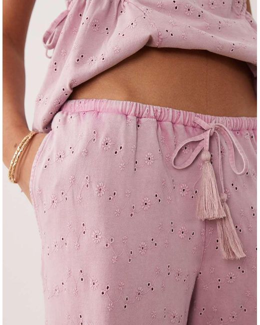 ASOS Pink Wide Leg Drawcord Tassel Detail Jersey Broderie Co-ord Trouser