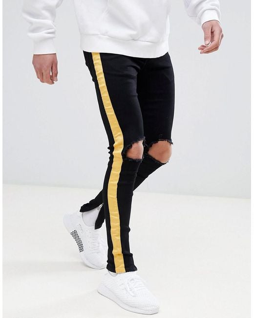 Sixth June Super Skinny Jeans In Black With Yellow Side Stripe for men