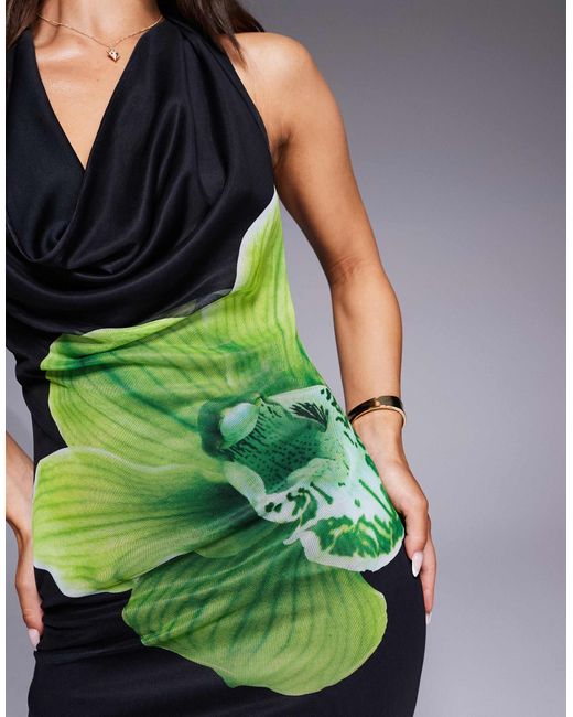 ASOS Multicolor Plunge Halter Maxi Dress With Lime Floral Placement Print