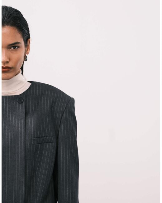 ASOS Blue Tailored Strong Shoulder Collarless Blazer