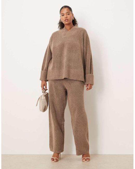 Pretty Lavish Curve Brown High V Neck Textured Knit Cuff Sleeve Jumper Co-ord