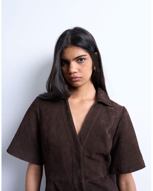 TOPSHOP Brown – mini-hemdkleid aus echtem wildleder