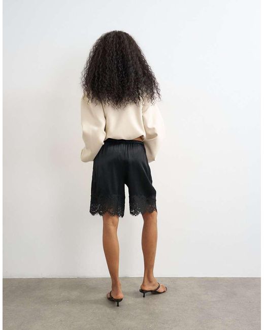 TOPSHOP White Satin Feel Lace Insert Bermuda Short