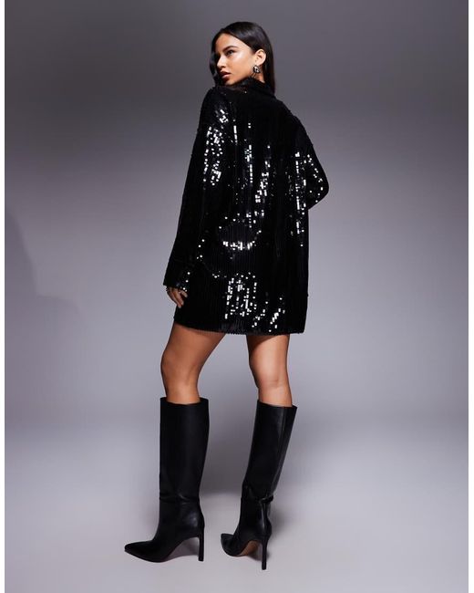 Kaiia Black Exclusive Premium Sequin Oversized Shirt Mini Dress