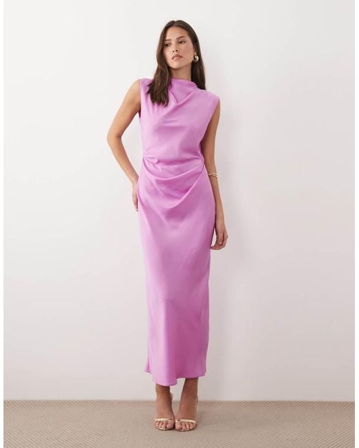 ASOS Pink Satin High Neck Pleated Bodice Midi Dress