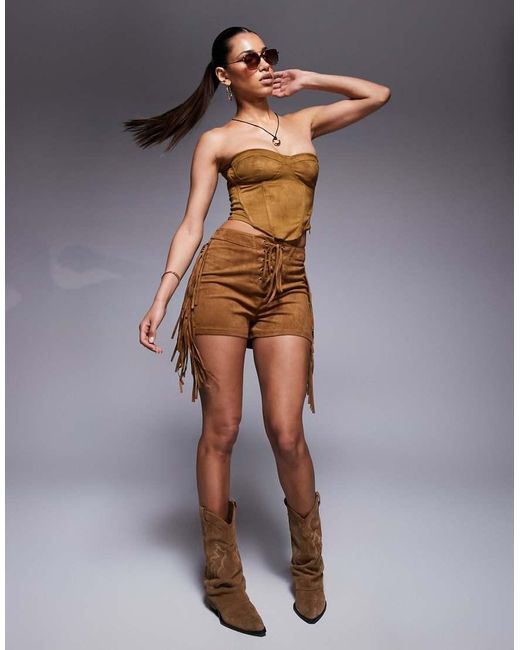ASOS Brown Faux Suede Knicker Shorts With Fringe Detail