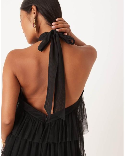 LACE & BEADS Maxi Jurk Van Tule Met Open Achterkant En Stroken in het Black