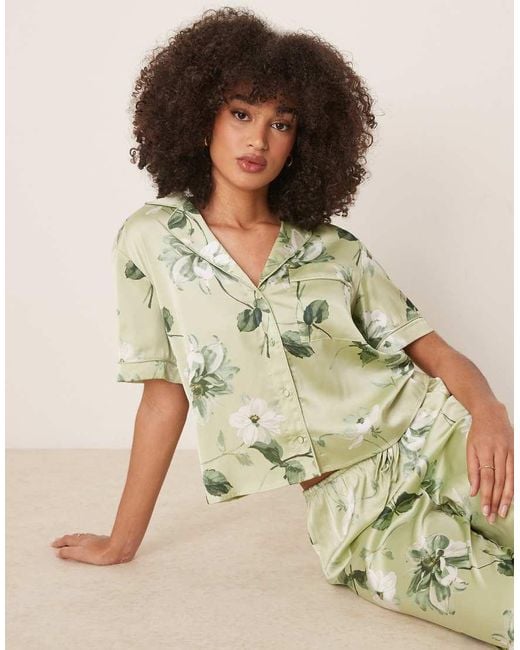 Abercrombie & Fitch Pyjama Overhemd Met Korte Mouwen En Groene Bloemenprint, Deel Van Co-Ord Set in het Green