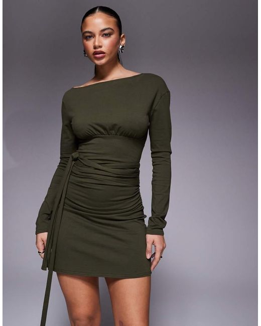 Fashionkilla Gray Exclusive Cotton Rich Off Shoulder Long Sleeve Wrap Waist Detail Mini Dress