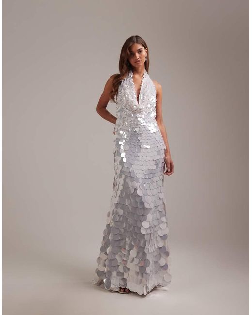ASOS White Large Paillette Sequins Plunge Halter Neck Wedding Maxi Dress
