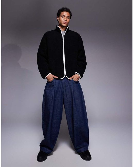 ASOS Blue Relaxed Funnel Neck Zip-through Fleece Sweatshirt for men
