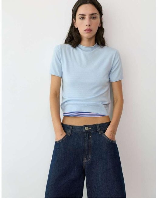 Pull&Bear Blue Fitted Short Sleeve Jumper