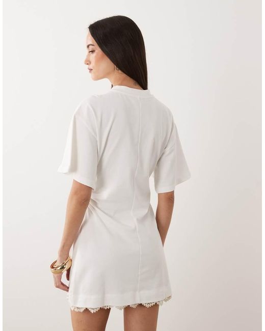 ASOS White Cinched Waist Mini Dress With Lace Detail