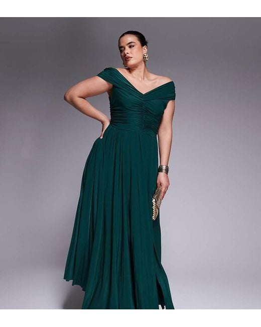 Goddiva Green Curve Gathered Bardot Bodice Front Split Maxi Dress