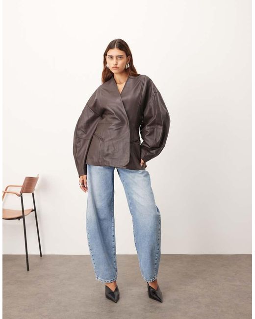 ARRANGE Brown Soft Leather Jacket With Cinched Waist And Ovoid Sleeve