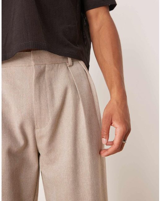 ASOS Natural Smart Oversized Tapered Pleated Trouser With Wool for men