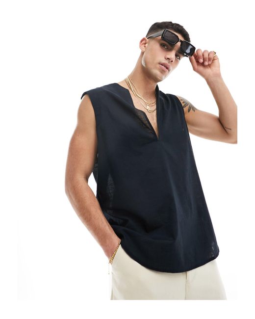 ASOS Blue 90s Oversized Sleeveless Linen Look Shirt for men