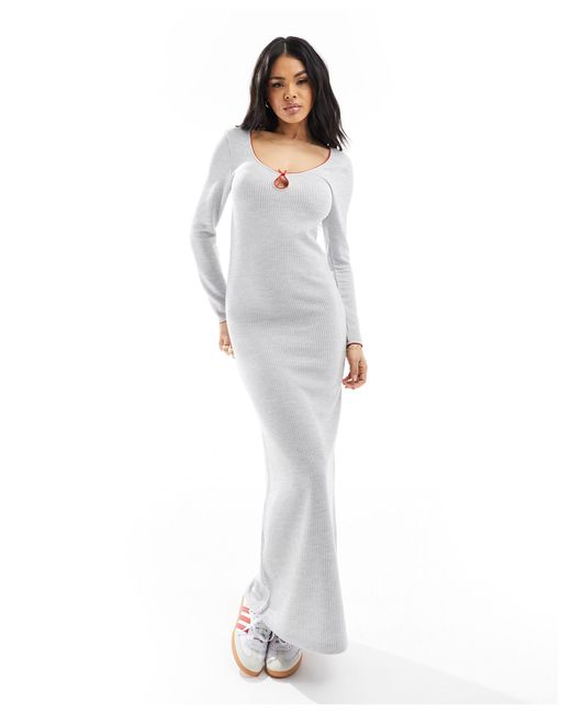 ASOS White Cosy Knitted Maxi Dress With Red Trim