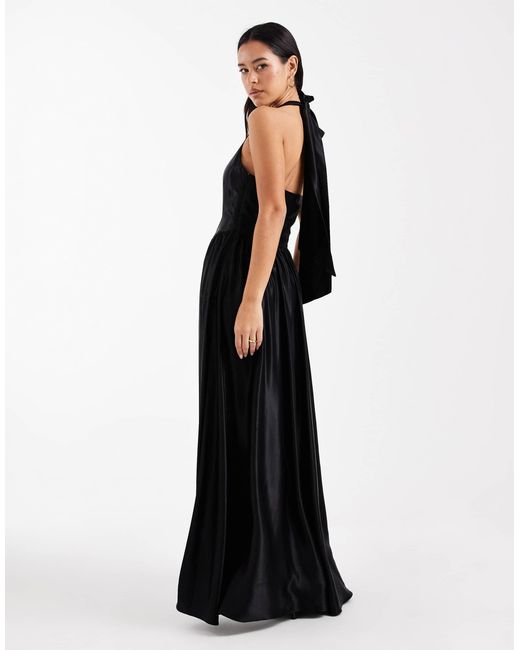 ASOS Satin Slash Neck Seam Detail Maxi Dress in Black | Lyst