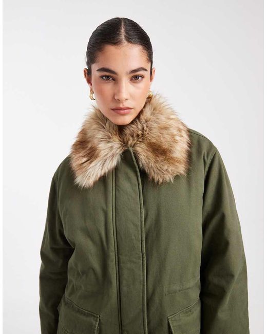 Miss Selfridge Green Faux Fur Collar Parka